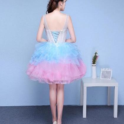 Cute V Neck Blue And Pink Short Prom Dress,sweet..