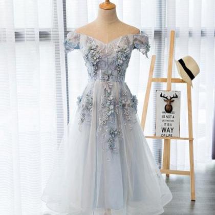 Gray Lace Off Shoulder Short Prom Dress,homecoming..