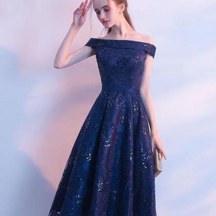 Dark Blue Lace Sequins Short Prom Dress,evening..