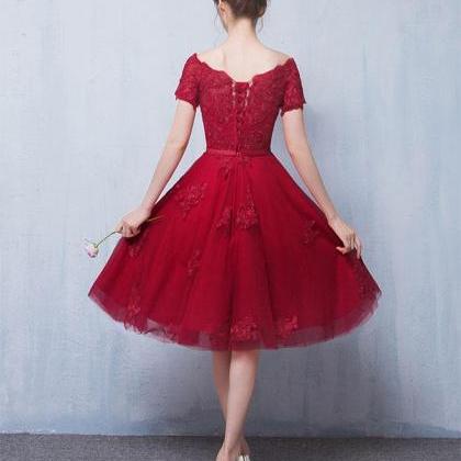 Cute Burgundy Lace Short Prom Dress,homecoming..