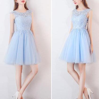 Cute Blue Tulle Lace Short Prom Dress,blue..