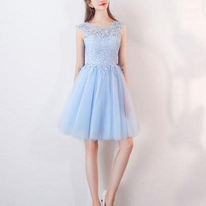 Cute Blue Tulle Lace Short Prom Dress,blue..