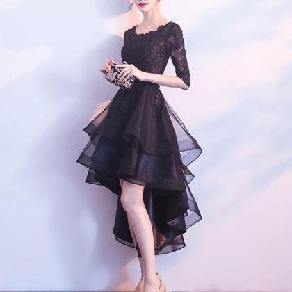 Cute Black Tulle Lace Short Prom Dress,black..