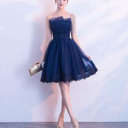 Cute Dark Blue Tulle Lace Short Prom..