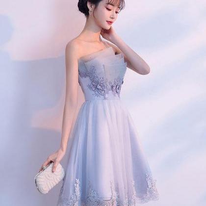 Gray Tulle Lace Applique Short Prom Dress,gray..