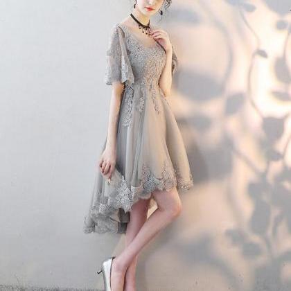 Cute Gray Tulle Lace Short Prom Dress,gray..