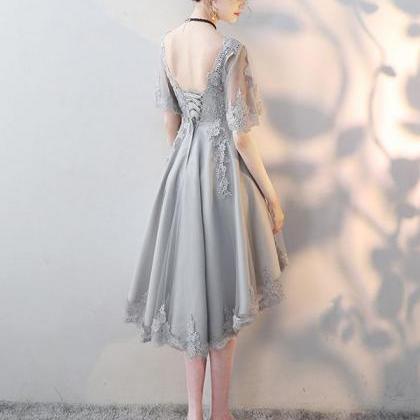 Cute Gray Tulle Lace Short Prom Dress,gray..