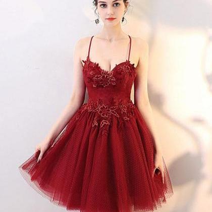 Burgundy Lace Tulle Short Prom Dress,homecoming..