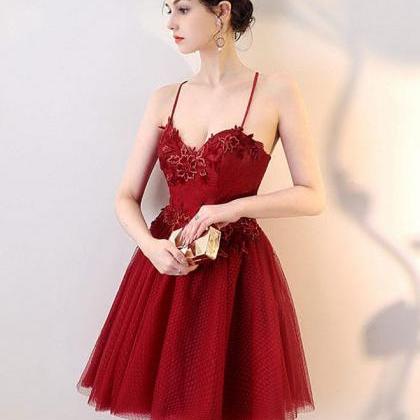 Burgundy Lace Tulle Short Prom Dress,homecoming..