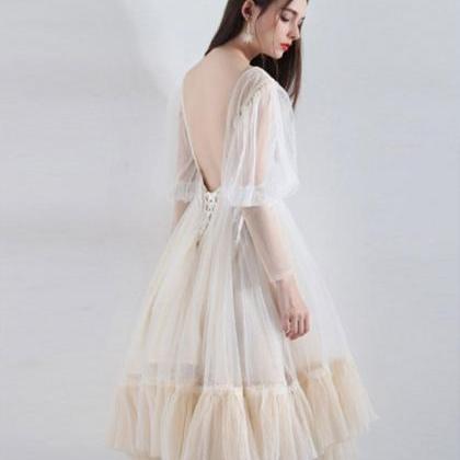 A-Line Tulle Lace Champagne Short Evening Prom Dress, Champagne Homecoming Dress main image 0