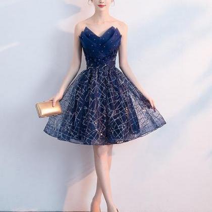Gorgeous Blue V Neck Tulle Sequin Beaded A Line Short Cocktail Dress Homecoming Dress Y9971 main image 0