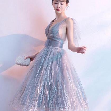 Gray V Neck Tulle Lace Short Prom Dress,gray..