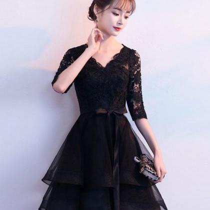 Black V Neck Lace Tulle Short Prom Dress,black..