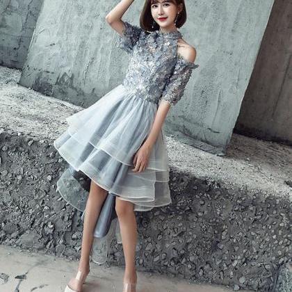 Gray Tulle Lace Applique High Low Prom Dress,gray..