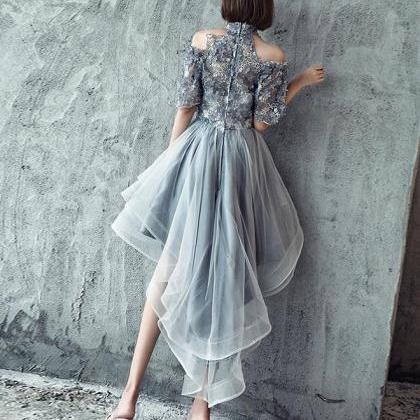 Gray Tulle Lace Applique High Low Prom Dress,gray..