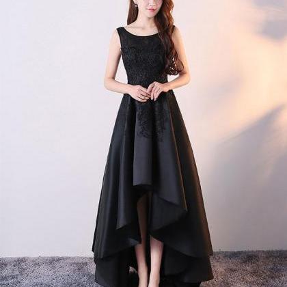 Black Round Neck Satin Lace High Low Prom..