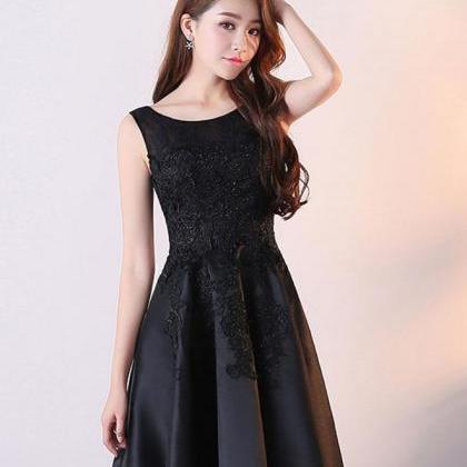Black Round Neck Satin Lace High Low Prom..