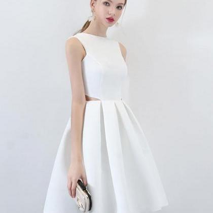 Simple Round Neck White Satin Short Homecoming Graduation Evening Dress