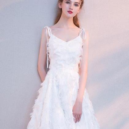 White v neck satin short prom dress, Retract your waist homecoming dress