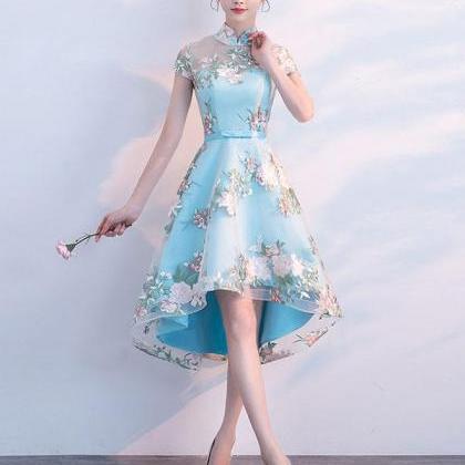 Unique Blue Tulle Embroidery Short Prom Dress,blue..