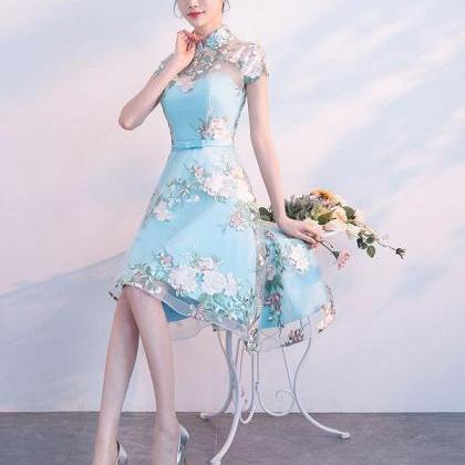 Unique Blue Tulle Embroidery Short Prom Dress,blue..