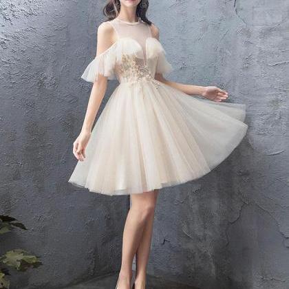 Cute Round Neck Tulle Champagne Short Prom..