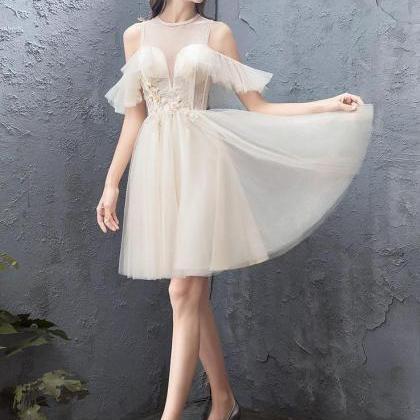 Cute Round Neck Tulle Champagne Short Prom..