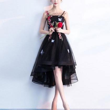 Cute Black Tulle Lace Applique Short Prom..