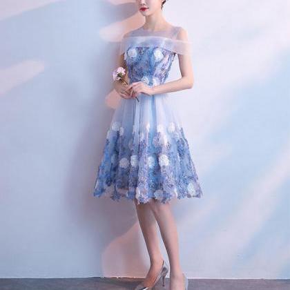 Blue Tulle Round Neck Lace Short Prom Dress,blue..