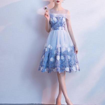 Blue Tulle Round Neck Lace Short Prom Dress,blue..