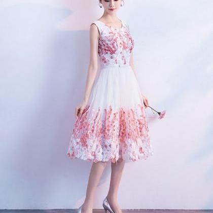 Pink Round Neck Lace Tulle Short Prom Dress,pink..