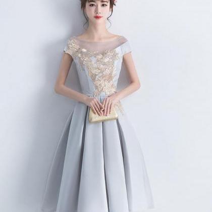 Gray Satin Lace Short Prom Dress,gray Bridesmaid..