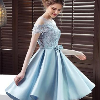 Blue Round Neck Satin Lace Short Prom Dress,blue..