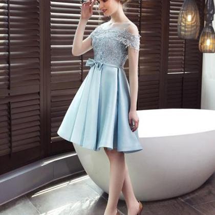 Blue Round Neck Satin Lace Short Prom Dress,blue..