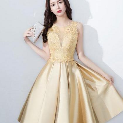 Cute Round Neck Lace Satin Short Prom Dress,lace..