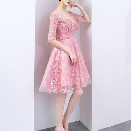 Pink Lace Short Prom Dress. Pink Lace Homecoming..