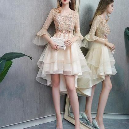 Champagne Round Neck Tulle Lace Short Prom..