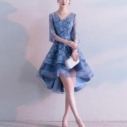 Blue V Neck Lace Short Prom Dress,blue Lace..