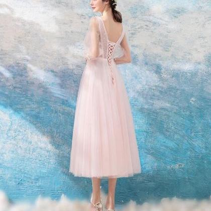 Simple Pink Tulle Lace Short Prom Dress,pink..