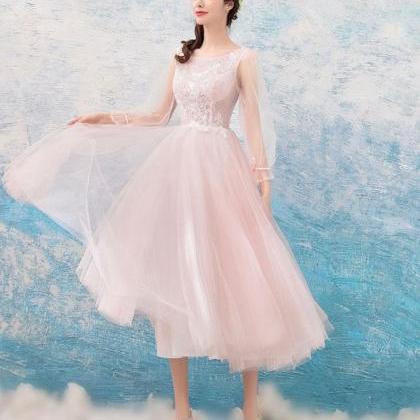 Simple Pink Tulle Lace Short Prom Dress,pink..
