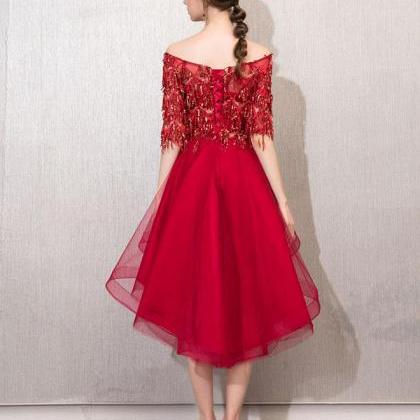 Burgundy Tulle Lace Short Prom Dress,burgundy..