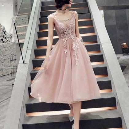 Simple Pink V Neck Tulle Short Prom Dress,pink..