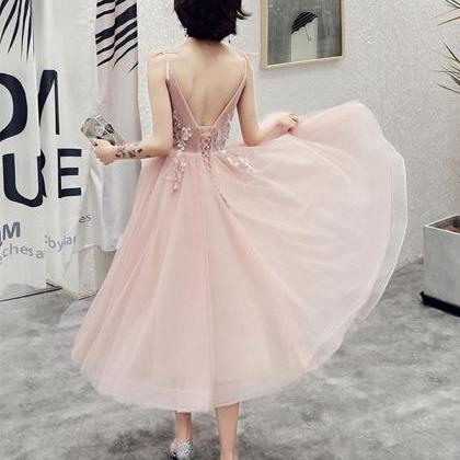 Simple Pink V Neck Tulle Short Prom Dress,pink..