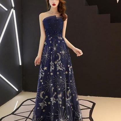 Dark Blue Tulle Lace Long Prom Dress,blue Evening..