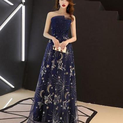 Dark Blue Tulle Lace Long Prom Dress,blue Evening..