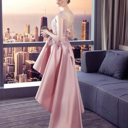 Pink Lace Satin High Low Prom Dress,homecoming..