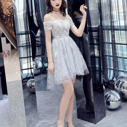 Gray Tulle Lace Off Shoulder Short Prom Dress,gray..