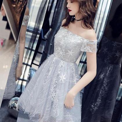 Gray Tulle Lace Off Shoulder Short Prom Dress,gray..