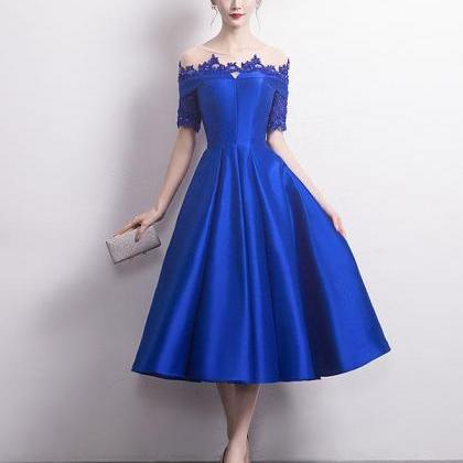 Blue Round Neck Satin Lace Prom Dress,blue..