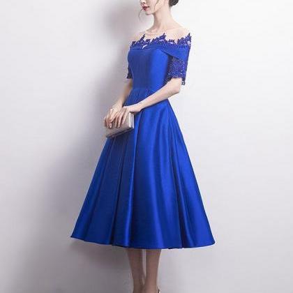 Blue Round Neck Satin Lace Prom Dress,blue..